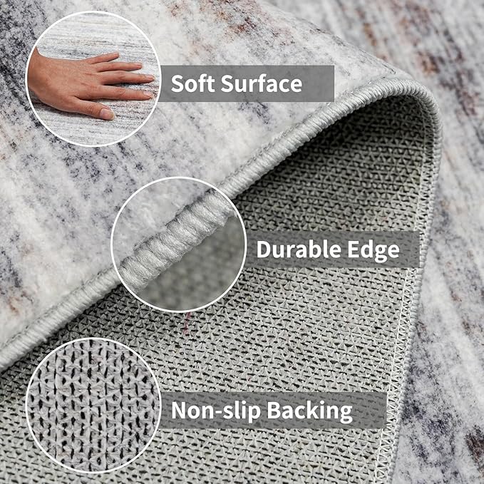 2x10 Washable Runner Rugs for Hallway: Easy-to-Clean Abstract Runners for Entryway Kitchen Dining Room- Stain and Water Resistant Rugs with Non-Slip Backing - Soft Low-Pile Carpet Beige Grey