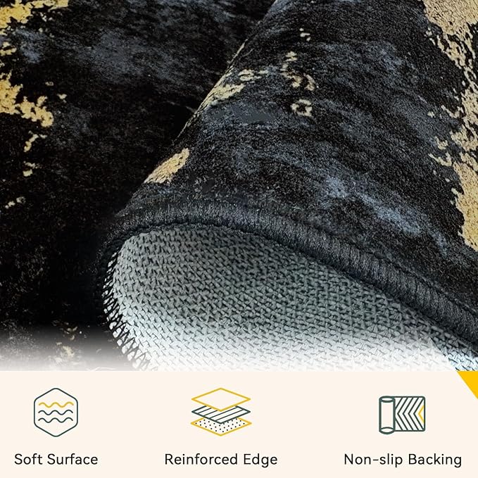 Washable Area Rugs 2'6'' x12 Non-Slip Modern Abstract Soft for Living Room Entryway Bedroom Nursery, Print Pattern, Dark Black Gold