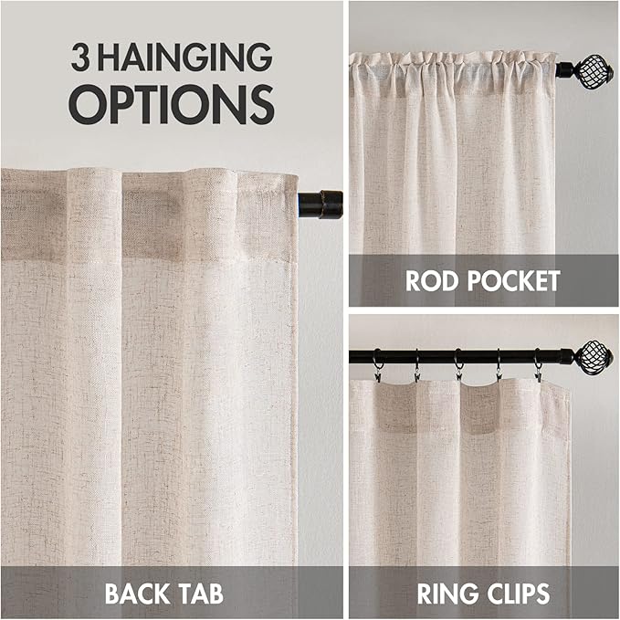 MIULEE Natural White Linen Curtains 64 Inch Length 2 Panels for Bedroom Living Room, Soft Thick Linen Textured Window Drapes Semi Sheer Light Filtering Back Tab Rod Pocket Burlap Look Decor