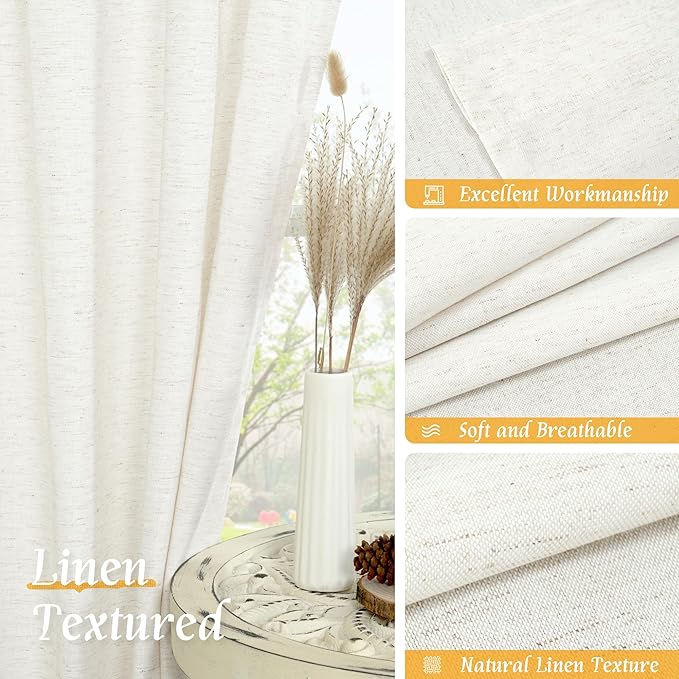 LAMIT Natural Ivory Linen Curtains 45 Inches Long for Bedroom, Soft Faux Linen Textured Light Filtering Panels Rod Pocket Neutral Drapes for Kitchen/Window/Loft Room, 42 x 45 Inch, 2 Panels