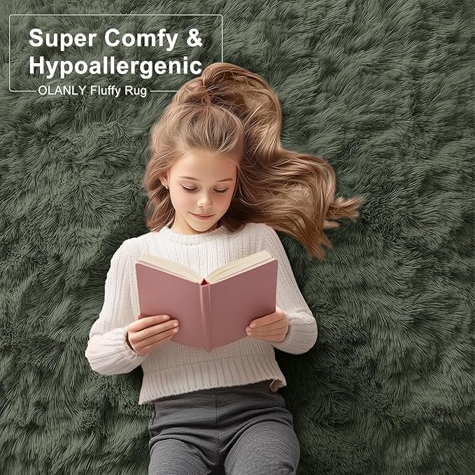OLANLY 6x9 Machine Washable Large Area Rugs for Living Room, Bedroom, Soft Fluffy Shaggy Bedside Rug, Indoor Floor Carpet for Kids Girls and Boys, Dorms, Nursery, Home Decor Aesthetic, Olive Green