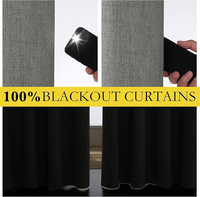 NICETOWN Grizzle Gray Vintage Linen 100% Blackout Curtains for Dining Room, Thermal Insulated Curtains 54" Long, Noise Reducing Window Treatment Drapes for Kitchen, 42" Wide Per Panel, Set of 2
