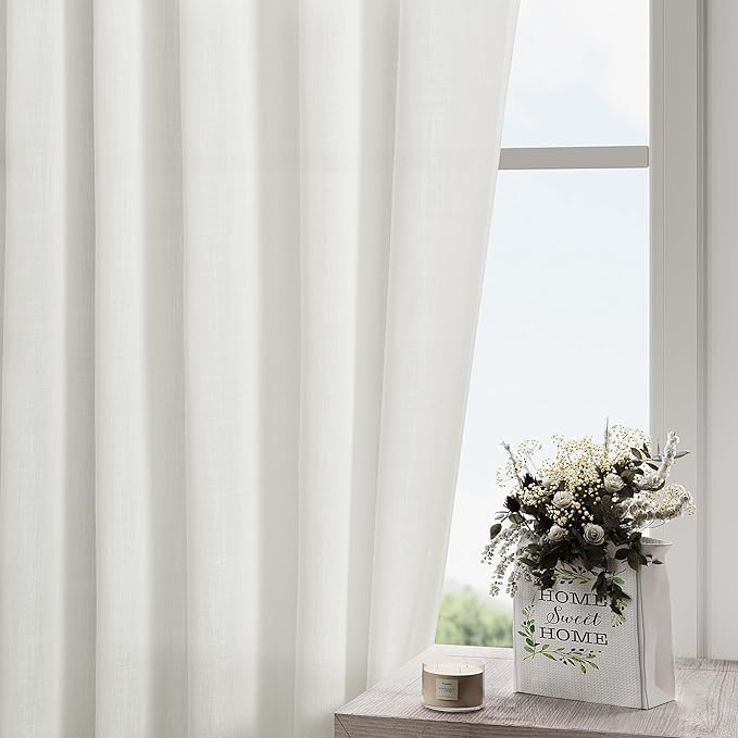 Off White Semi Sheer Linen Curtains 90 inch Length for Living Room Back Tab Rod Pocket Modern Farmhouse Coastal Decor White Cotton Textured Gauze Curtains 90 inches Long for Dining Room Office