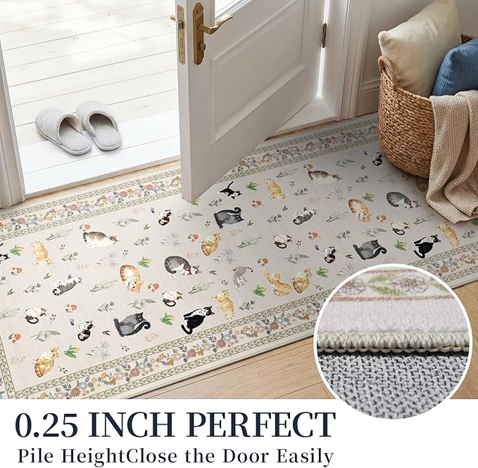 2x10 Washable Hallway Runner Rug - Soft Low Pile Floral Animal Cat Print Rugs with Non-Slip Backing Waterproof Stain-Resistant Indoor Carpet for Kitchen Entryway Bathroom Bedroom (Light Beige)
