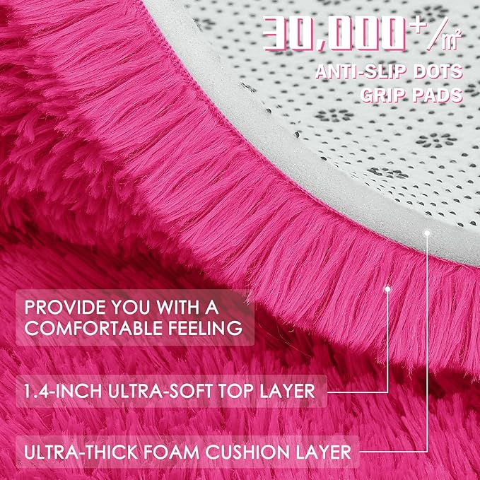 OLANLY Hot Pink Round Rugs for Bedroom - Machine Washable, 3 ft Circle Area Rugs for Living Room, Soft and Fluffy Shaggy Carpet for Teen Girls and Boys, Nursery Rooms, Dorms, Home Decor Aesthetic