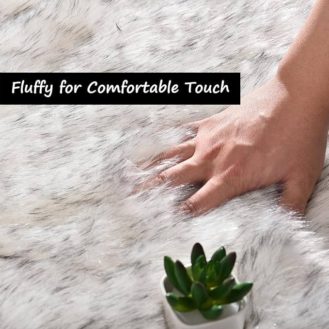 Goolela Round Sheepskin Rugs 4ft Circle Fluffy Faux Fur Rug Shaggy Rug for Bedroom Dorm Living Room Plush Shag - White with Grey Tips