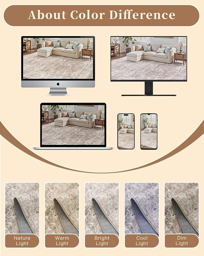 Madane 8x10 Area Rugs for Living Room, Machine Washable Vintage Rug with Non-Slip Backing, Soft Floral Print Large Throw Rugs, Thin Carpet for Bedroom Dining Room Farmhouse (8 x 10, Brown/Sand)