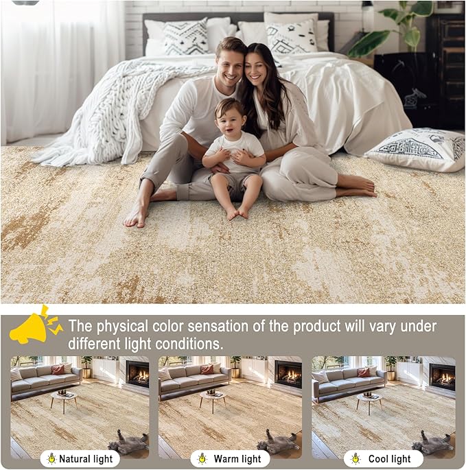 Area Rugs 10x12 Living Room - Washable Rug Modern Abstract Soft Large Neutral Non-Slip Carpet Indoor Floor Thin Carpets for Bedroom Dining Room Farmhouse Nursery Home Office Beige