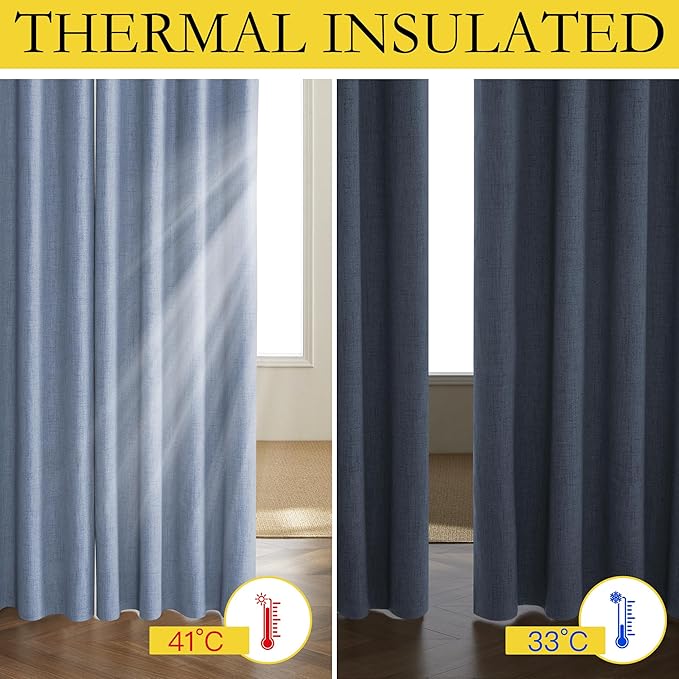 NICETOWN Stone Blue Vintage Linen 100% Blackout Curtains for Living Room, Thermal Insulated Curtains 102" Long, Noise Reducing Window Treatment Drapes for Hall Room, 52" Wide Per Panel, Set of 2