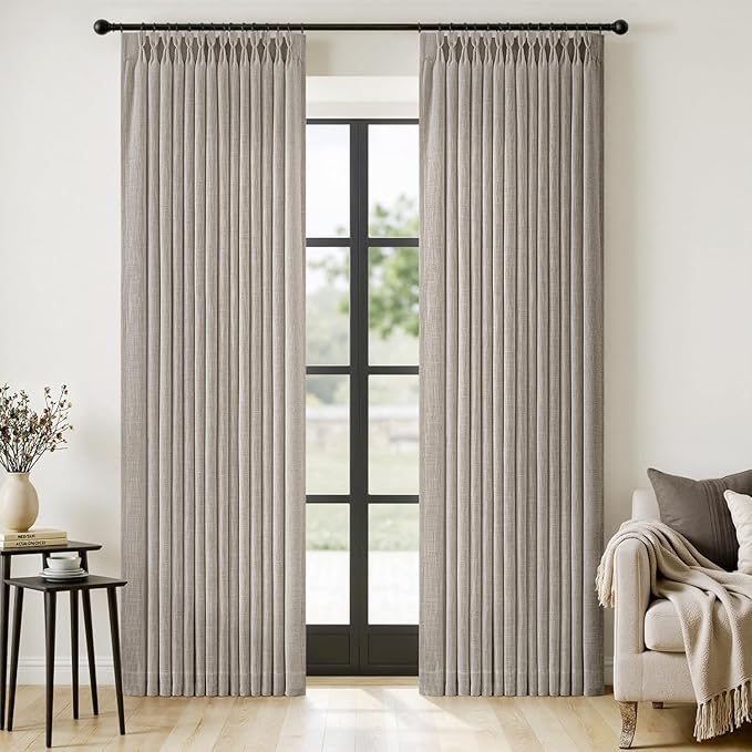 MIULEE Pinch Pleated Thick Linen Curtains 84 Inches Long 2 Panels for Living Room Bedroom, Linen Textured Memory Trained Drapes Pleat Back Tab Light Filtering Taupe Window Curtains with Hooks&Rings
