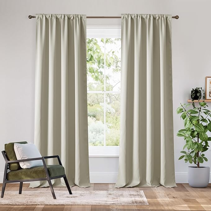RYB HOME Bedroom Blackout Curtains 80 inches Long, 100% Blackout Thermal Insulated Noise Reducing Curtains for Living Room Nursury, 34 inches Wide by 80 inches Long, Natural