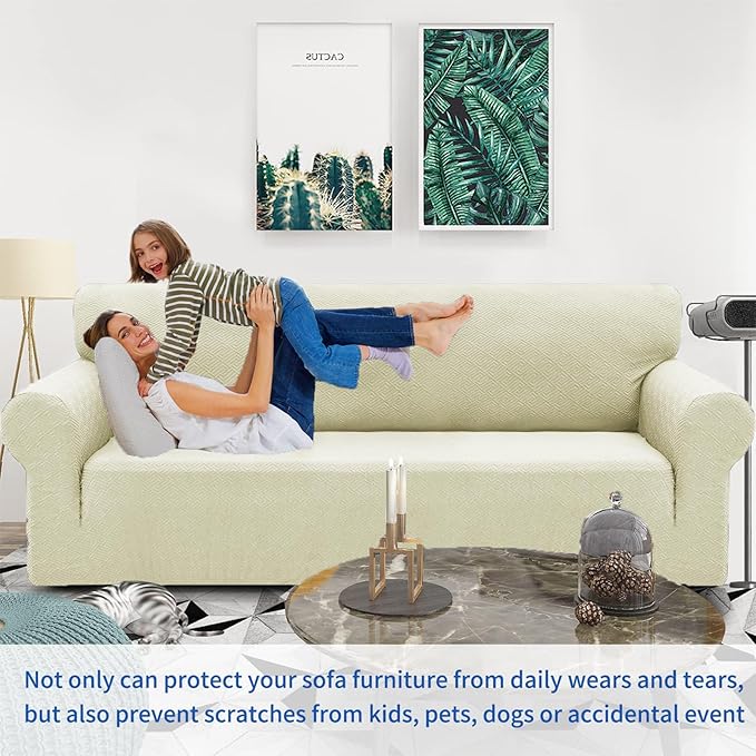 ZNSAYOTX 1 Piece Jacquard Couch Covers for 3 Cushion Couch Living Room High Stretch Sofa Cover Pets Dogs Friendly Anti Slip Thickened Slipcovers Furniture Protector (Large,New Pattern Light Beige)