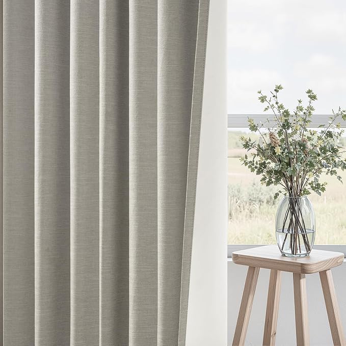 Topfinel 100% Blackout Grey Linen 96 Inch Length Curtains for Living Room 100% Blackout Pleated Drapes Noise Reducing Thermal Insulated Curtain Panels for Bedroom 2 Panels Flax Grey