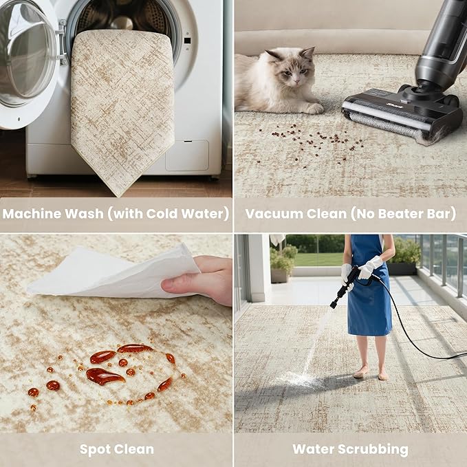 9x12 Area Rugs for Living Room Washable Rug: Anti-Skid Abstract Modern Living Room Rug Soft Thin Carpets Indoor Floor Non-Shedding Carpet for Bedroom Dining Farmhouse Nursery Home Office Beige White