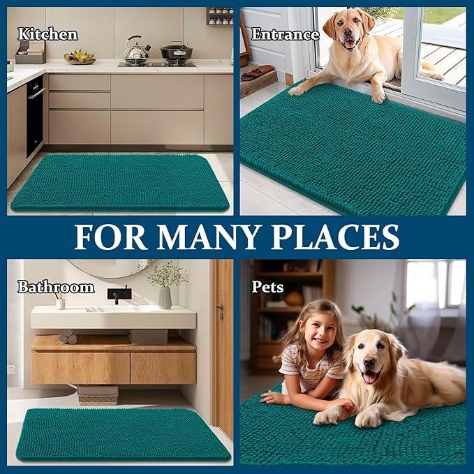 OLANLY Dog Door Mat for Muddy Paws 48x30, Absorbs Moisture and Dirt, Absorbent Non-Slip Washable Doormat, Quick Dry Chenille Mud Mat for Dogs, Entry Indoor Entryway Carpet for Inside Floor, Lake Blue