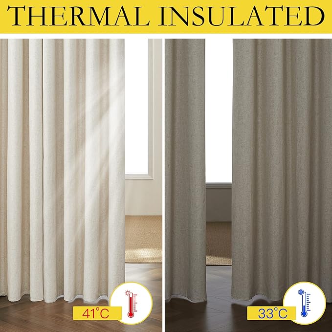 NICETOWN Natural Kitchen 100% Blackout Narrow Curtains 48 inches Long 2 Panels Set, 34" Wide, Rustic Grommet Thermal Insulated Full Blackout Window Draperies with White Liners for Cupboard
