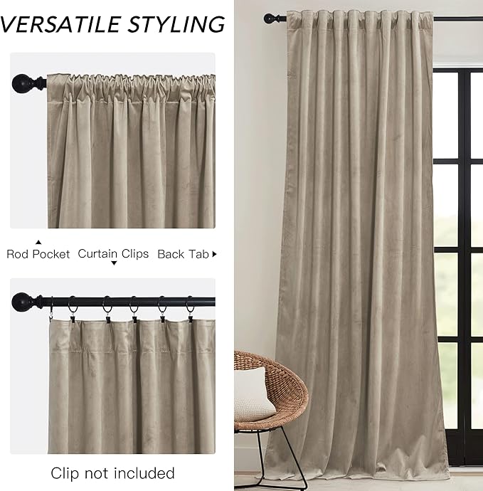 RYB HOME Camel Beige Velvet Curtains 84 inch, Room Darkening Window Curtains with Multiple Hanging Options Heavy Duty Plush Backdrop for Bedroom Guest Room, W52 x L84 inch, 2 Panels