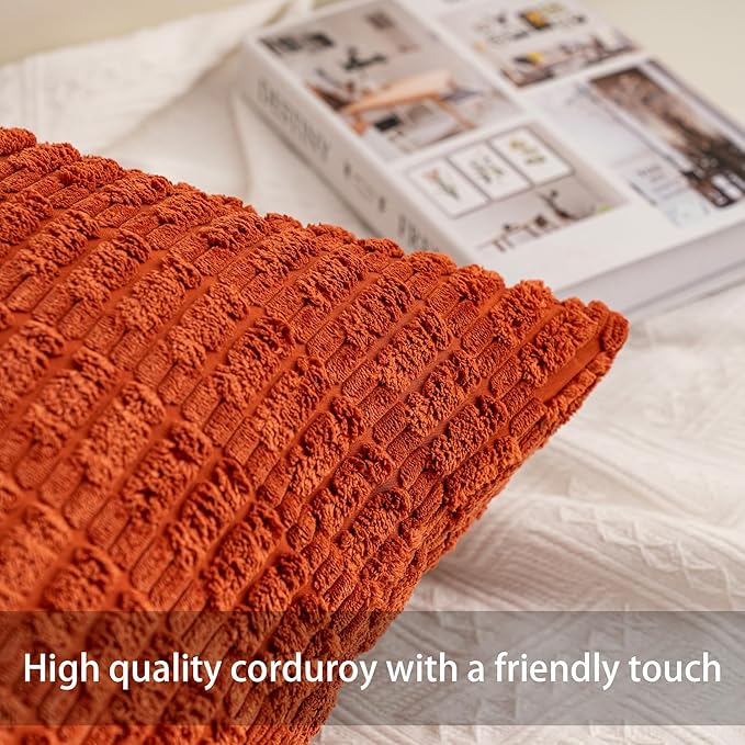 Pack of 2 Corduroy Decorative Throw Pillow Covers 22x22 Inch Soft Striped Pillow Covers Modern Farmhouse Home Decor for Sofa Living Room Couch Bed（Rust）