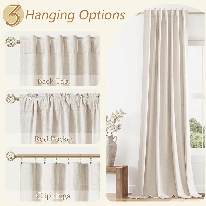 Guken 100% Blackout Linen Curtains 132 Inch Length 2 Panels Set for Living Room Bedroom Back Tab Thermal Insulated Black Out Drapes Room Darkening Farmhouse Style for Bedroom Window Curtains 52x132