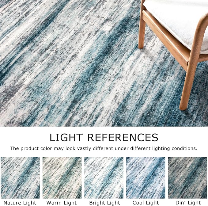 KOZYFLY Washable Area Rug 5x7 Modern Ombre Living Room Thin Rug Non-Slip Soft Striped Rug for Bedroom, Print Blue Abstract Carpet for Laundry Kid Room