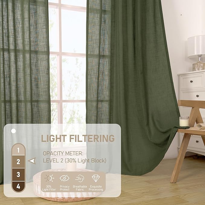 LAMIT Olive Green Linen Curtains for Living Room, 2 Panels, Light Filtering Semi Sheer Panels with Back Tab and Rod Pocket, 52 x 108 Inch
