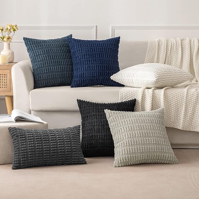 MIULEE Pack of 2 Corduroy Decorative Euro Sham Throw Pillow Covers 24x24 Inch Soft Boho Striped Pillow Covers Modern Farmhouse Home Decor for Sofa Living Room Couch Bed Pure White