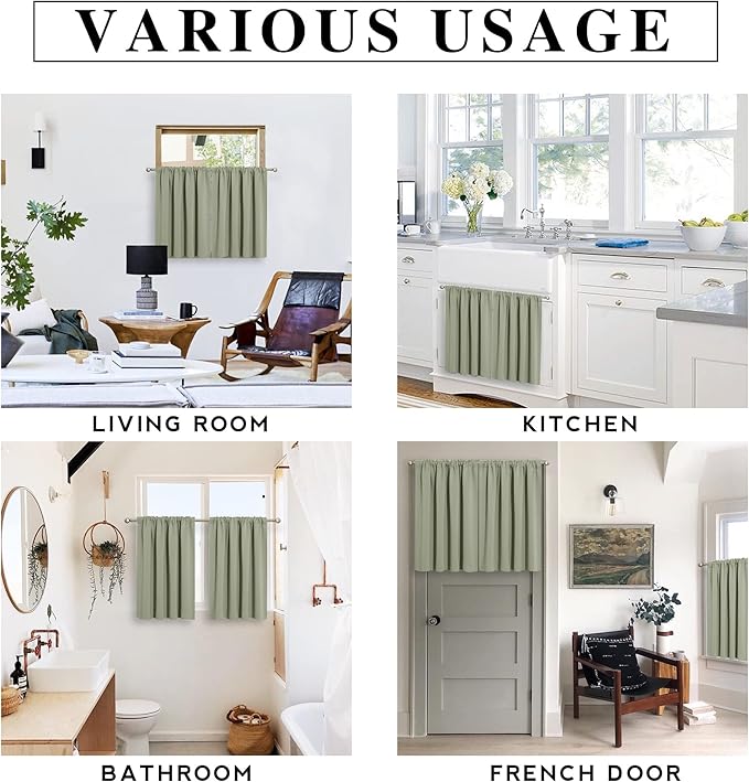 RYB HOME Cafe Blackout Curtains 24 inch Length, RV Curtains for Camper Windows, Mini Short Small Insulating Light UV Blocking Privacy Half Window Tiers, Width 42 by Length 24, Sage Green, 2 Panels