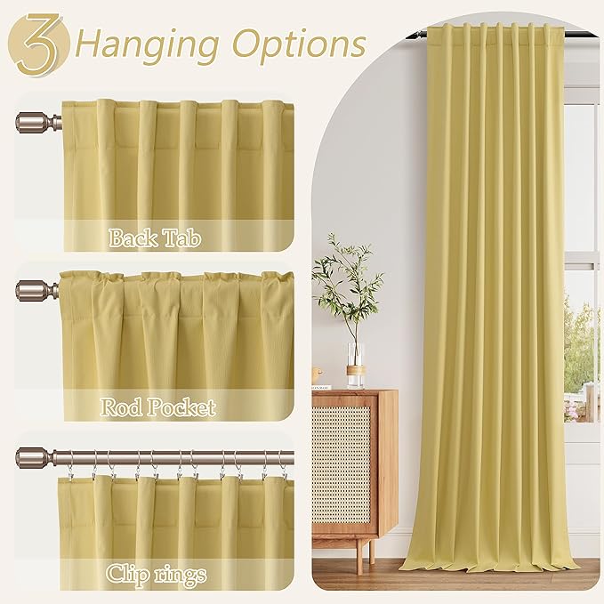 Guken Yellow 100% Blackout Linen Curtains 96 Inch Length 2 Panels Set for Living Room Bedroom Back Tab/Rod Pocket Thermal Insulated Black Out Drapes Room Darkening Window Curtains 96 Inches Long
