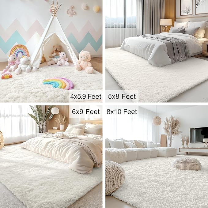 OLANLY 8x11 Machine Washable Large Area Rugs for Living Room, Bedroom, Soft Fluffy Shaggy Bedside Rug, Indoor Floor Carpet for Kids Girls and Boys, Dorms, Nursery, Home Decor Aesthetic, Ivory