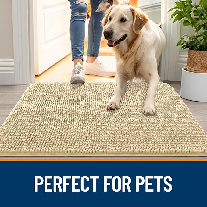 OLANLY Dog Door Mat for Muddy Paws 45x27, Absorbs Moisture and Dirt, Absorbent Non-Slip Washable Doormat, Quick Dry Chenille Mud Mat for Dogs, Entry Indoor Entryway Carpet for Inside Floor, Sand