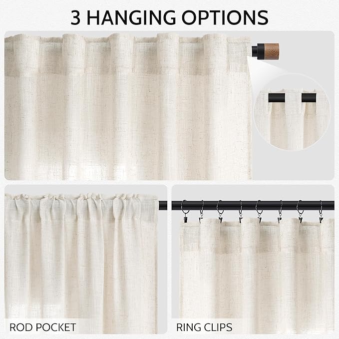 Nanspring Modern Linen Curtains for Living Room 72 Inches Long Light Filtering Semi Sheer Curtain Back Tab Neutral Luxury Modern Farmhouse Decor Linen Blend Drapes for Bedroom 52x72, 2 Panels