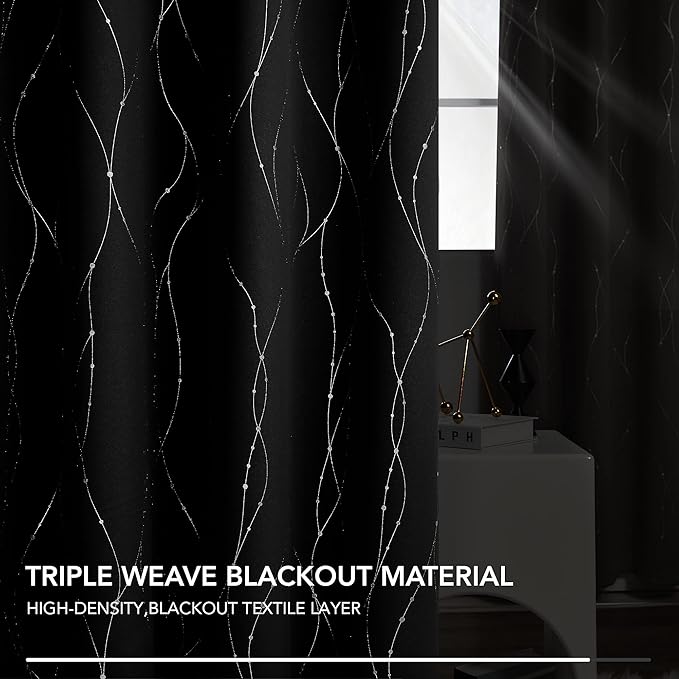 Deconovo Black Out Curtains for Living Room, 42 x 84 Inch Length 2 Panels Set, Thermal Insulated Soundproof Window Drapes with Silver Print, Grommet Machine Washable Panels for Bedroom Sliding Door