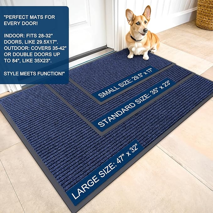 OLANLY Front Door Mat Indoor Outdoor Entrance, 2-Pack 59 x 23 Inch, Waterproof Heavy Duty Doormat, Fade Resistant, Low Profile, Easy Clean Patio Porch Welcome Floor Mats for Entry, Blue