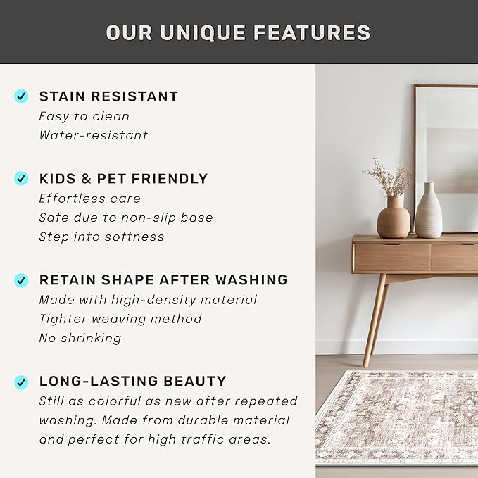 Hazo Haus Boho 2x7 Long Runner, Neutral Farmhouse Hallway Rug, Small Throw Runners for Bedroom, Bathroom, Kitchen, Vintage Floral Decor & Non-Slip Low-Pile Washable Stain Resistant, Latte Beige