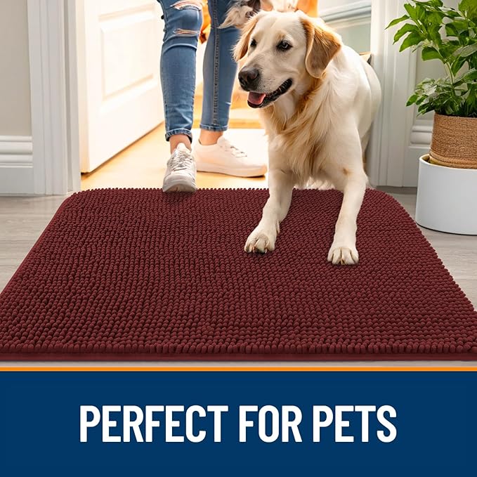 OLANLY Dog Door Mat for Muddy Paws 70x35, Absorbs Moisture and Dirt, Absorbent Non-Slip Washable Doormat, Quick Dry Chenille Mud Mat, Entry Indoor Entryway Carpet for Inside Floor, Caramel Russet