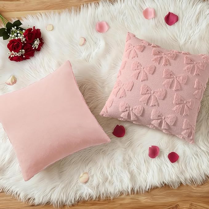 decorUhome Pink Bow Pillow Covers Set of 2 Coquette Aesthetic Cute Preppy Plush Faux Pillowcases for Girly Bedroom or Couch 18x18 Inch