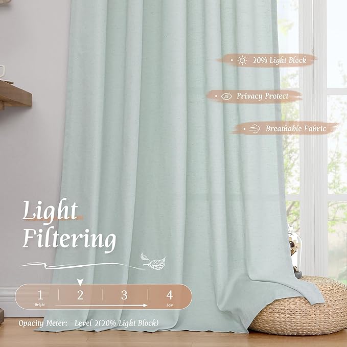 LAMIT 48 Inch Short Window Linen Curtains, Soft Faux Linen Light Filtering Panels Rod Pocket Neutral Drapes for Cafe/Bathroom/Loft Room, Light Blue, 2 Panels, 42 x 48 Inch