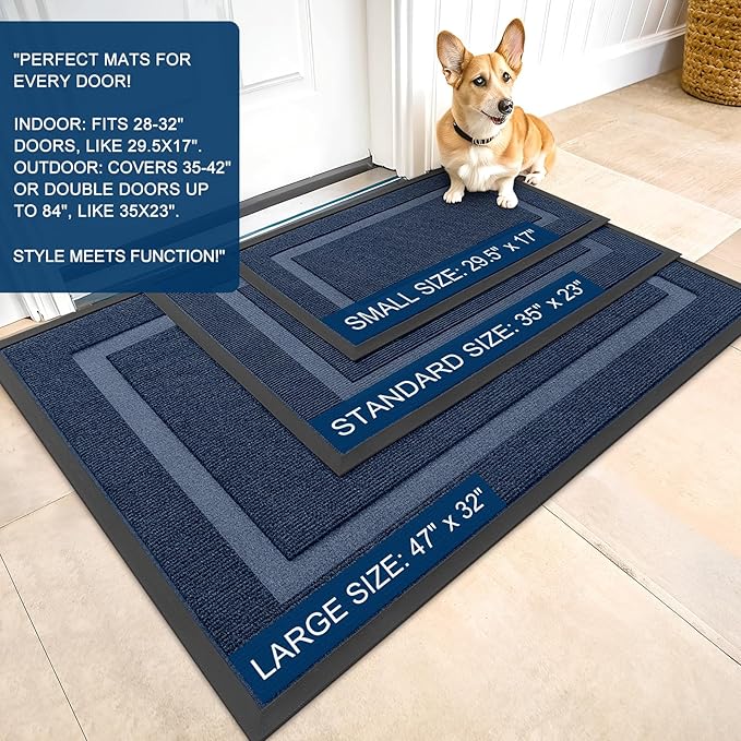 OLANLY Front Door Mat Indoor Outdoor Entrance, Waterproof All-Season, All-Weather Doormat, Sturdy Natural Rubber, Fade Resistant, Low Profile, Easy Clean Patio Porch Entryway Mat, 29.5x17, Blue