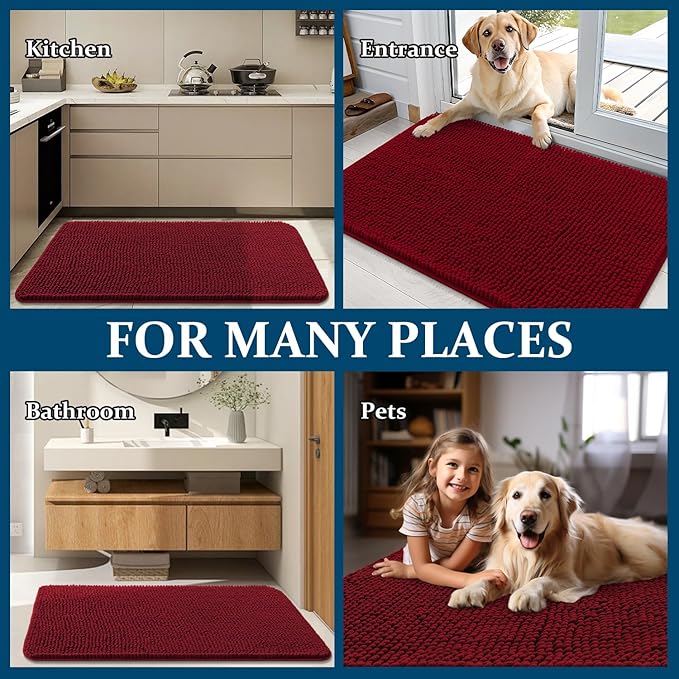 OLANLY Dog Door Mat for Muddy Paws 70x32, Absorbs Moisture and Dirt, Absorbent Non-Slip Washable Doormat, Quick Dry Chenille Mud Mat for Dogs, Entry Indoor Entryway Carpet for Inside Floor, Red
