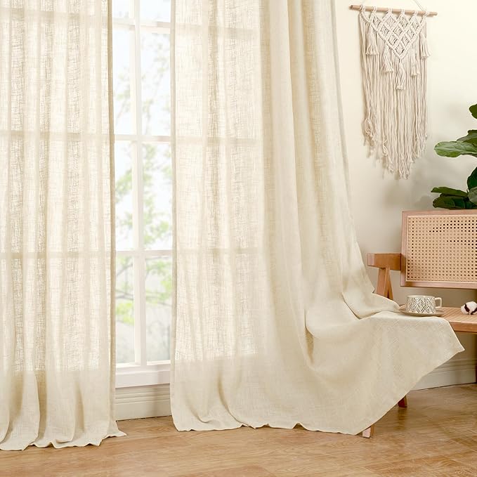 LAMIT Linen Curtains 60 Inch Length 2 Panels, Light Filtering Panels Back Tab and Rod Pocket Neutral Drapes for Bedroom/Window/Living Room, Beige, 34 x 60 Inch