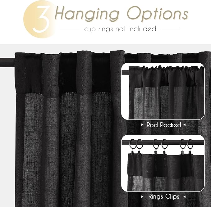 Black Linen Curtains 45 inches Long for Bedroom Back Tab Light Filtering Privacy Semi Sheer Black Curtains Living Room Boho Rustic Farmhouse Cotton Textured Gauze Curtain 2 Panel Set