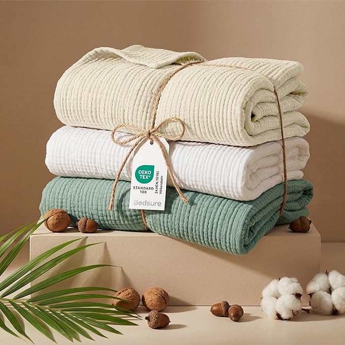 Bedsure 100% Cotton Muslin Blanket Queen Size for Bed - 4-Layer Breathable and Lightweight Thin Soft Summer Gauze Muslin Blankets for Adults, Grey, 90x90 Inches