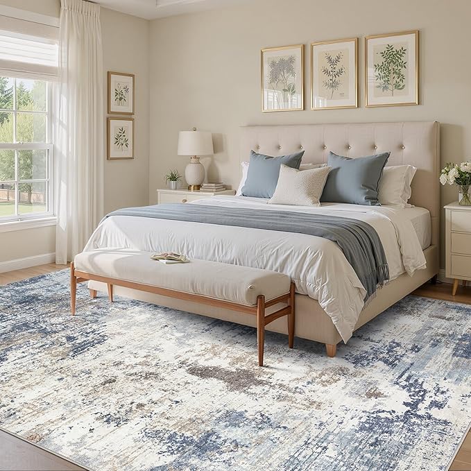 UERMEI 9x12 Area Rug Living Room Rugs Thickened - Washable Neutral Modern Abstract Soft Rug Indoor Floor No Slip Rug Carpet for Bedroom Under Dining Table Home Office Decor - Denim Blue