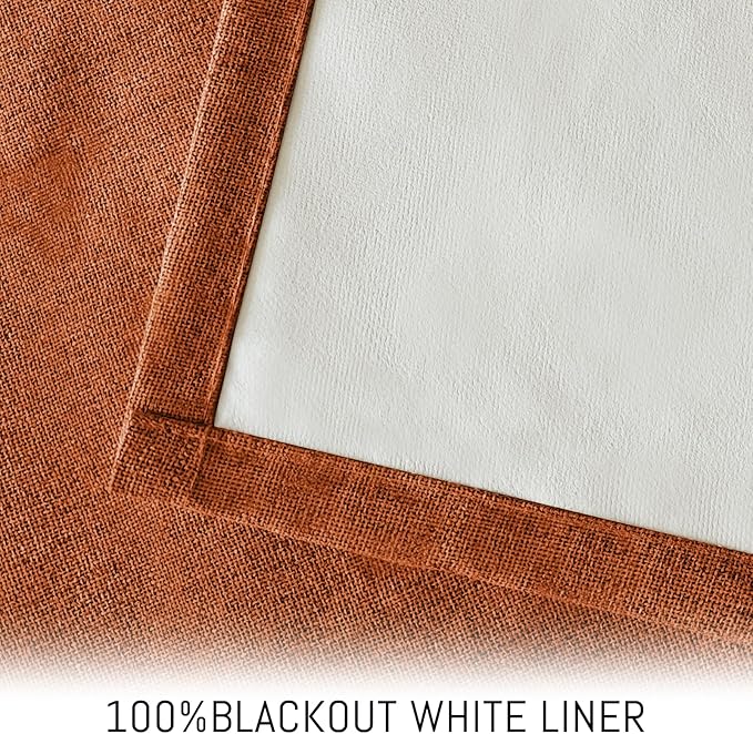 Yakamok Burnt Orange Linen Curtains 100% Blackout 96 Inches Long,Room Darkening Textured Curtains for Living Room Thermal Grommet Bedroom Curtains 2 Panels with White Liner
