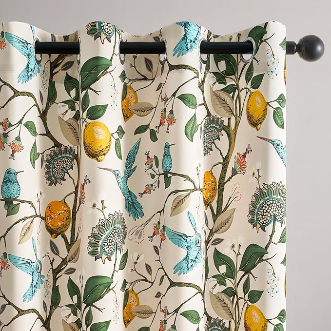 Topfinel Kitchen Curtains 45 Inch Length Beige Vintage Blackout Curtains for Cafe Kitchen Short Grommet Luxury Whimsical Floral Hummingbird Patterned 45 Inches Long for Living Room Bedroom