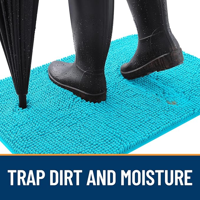 OLANLY Dog Door Mat for Muddy Paws 47x24, Absorbs Moisture and Dirt, Absorbent Non-Slip Washable Doormat, Quick Dry Chenille Mud Mat for Dogs, Entry Indoor Entryway Carpet for Inside Floor, Aqua Blue