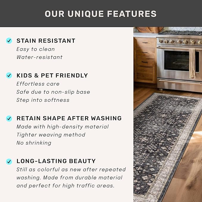 Hazo Haus Boho Dining Room Rugs for Under Table - 7x9 Washable Black Area Rug for Living Room, Low Pile Non-Slip Rugs for Bedroom Under Bed - Charming Farmhouse Decor & Stain Resistance - Black/Multi