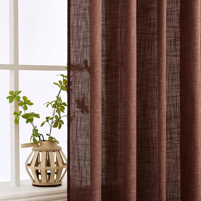 MIULEE Chocolate Brown Linen Curtains 54 Inch Length 2 Panels for Bedroom Living Room, Soft Thick Linen Textured Natural Short Window Drapes Semi Sheer Light Filtering Back Tab Rod Pocket