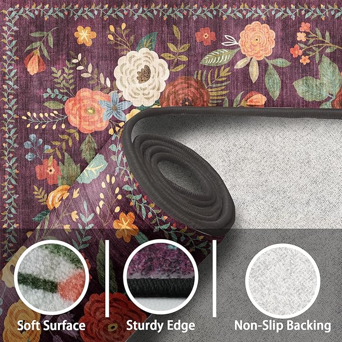 Rug for Hallways Kitchen Rug 2x6, Non Slip Washable Rugs with Rubber Backing Soft Floral Carpet Runner for Hallways, Kitchen, Laundry, Bedroom, Bathroom (2 x 6, Purple)