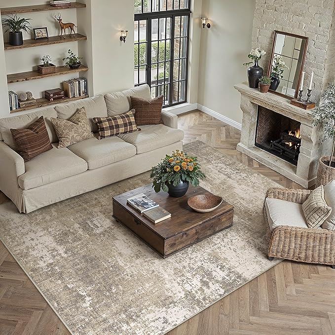 PureCozy Beige Area Rug 6x9 Machine Washable Modern Abstract Living Room Carpet Non Slip Neutral Low Pile Soft Non Shedding Bedroom Contemporary Large Rug Indoor Office Dining Room Playroom